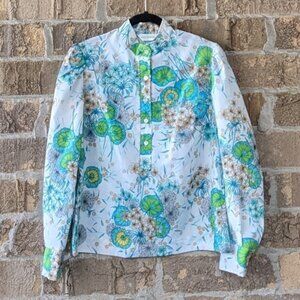 Vintage 1970s Alex Colman Blue Green High Neck Floral Blouse